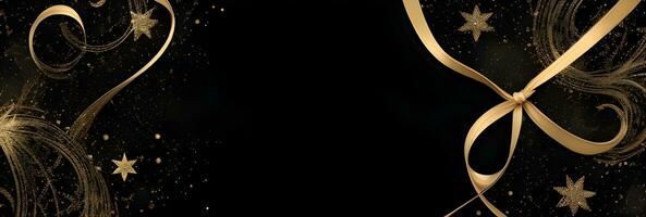 un élégant Noël salutations bannière avec d'or tourbillon rubans gracieusement enroulement autour brillant étoiles sur une riches noir Contexte photo