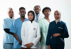 équipe ou groupe de une médecin, infirmière et médical professionnel collègues de travail permanent ensemble. portrait de diverse soins de santé ouvriers à la recherche confiant. milieu est et africain, musulman médical équipe. photo