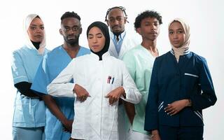 équipe ou groupe de une médecin, infirmière et médical professionnel collègues de travail permanent ensemble. portrait de diverse soins de santé ouvriers à la recherche confiant. milieu est et africain, musulman médical équipe. photo