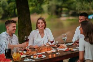 groupe de content copains ayant pique-nique français dîner fête Extérieur pendant été vacances vacances près le rivière à magnifique la nature photo