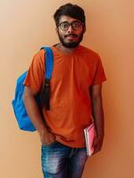 Indien étudiant avec bleu sac à dos, des lunettes et carnet posant sur Orange Contexte. le concept de éducation et scolarité. temps à aller retour à école photo