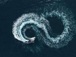 aérien Haut vue de une blanc plaisir bateau sur une été journée. bateau à moteur tour boucle huit sur le mer fabrication infini futur concept. photo