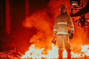 sapeur pompier à emploi. sapeur pompier dans dangereux forêt zones entouré par fort Feu. concept de le travail de le Feu un service photo