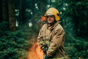 sapeur pompier à emploi. sapeur pompier dans dangereux forêt zones entouré par fort Feu. concept de le travail de le Feu un service photo