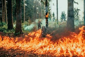 moderne guerre soldats entouré par Feu bats toi dans dense et dangereux forêt zones photo