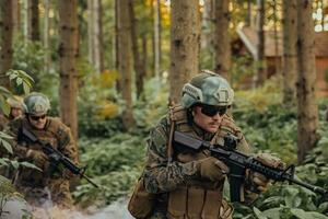 une groupe de moderne guerre soldats est combat une guerre dans dangereux éloigné forêt domaines. une groupe de soldats est combat sur le ennemi ligne avec moderne armes. le concept de guerre et militaire conflits photo