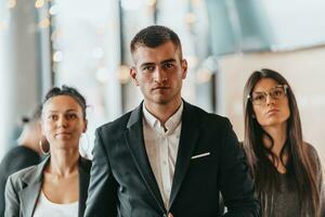 groupe de gens d'affaires prospères debout ensemble au bureau. photo