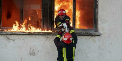 sapeur pompier héros porter bébé fille en dehors de brûlant bâtiment zone de Feu incident. porter secours gens de dangereux endroit photo