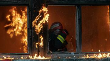 sapeur pompier héros porter bébé fille en dehors de brûlant bâtiment zone de Feu incident. porter secours gens de dangereux endroit photo