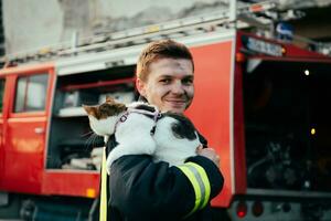 fermer portrait de héroïque pompier dans protecteur costume et rouge casque détient enregistré chat dans le sien bras. sapeur pompier dans Feu combat opération. photo