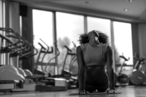 femme afro-américaine faisant du yoga dans la salle de sport photo