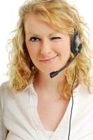 femme blonde d'affaires avec casque photo