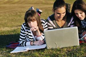 groupe d'adolescents travaillant sur un ordinateur portable en plein air photo