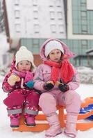 portrait de deux petites filles assises ensemble sur des traîneaux photo