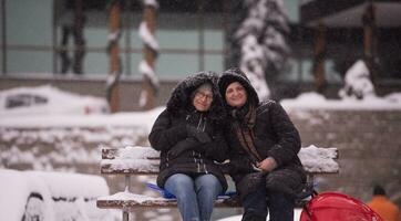 portrait, de, deux, mûr femme, séance, dans parc, à, jour hiver photo