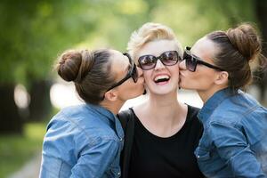 portrait de trois belles jeunes femmes avec des lunettes de soleil photo