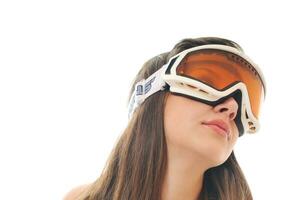 femme avec ski googles isolé sur blanc photo