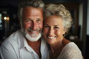 un plus âgée couple embrassement dans une cuisine photo