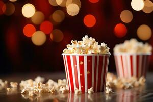 un vide pop corn boîte avec pop corn éclater en dehors à une cinéma photo