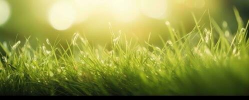 couvert de rosée Frais herbe dans printemps Soleil. saisonnier Prairie Contexte avec lumière bokeh et court profondeur de champ. ai généré photo