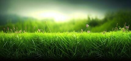 luxuriant vert herbe sur Prairie dans Matin lumière, printemps été en plein air fermer, copie espace, large format. une magnifique artistique représentation de le pureté et fraîcheur de la nature. ai généré photo