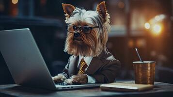 une chien dans des lunettes et une affaires costume à une ordinateur contre le toile de fond de le sien bureau. le concept de en ligne apprentissage, travail de maison. ai généré photo