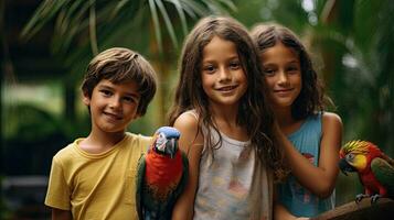 portrait des gamins avec perroquet dans le zoo avec lumière exposition ai génératif photo