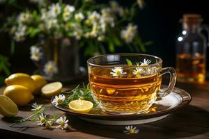 tasse de aromatique camomille thé avec Frais fleurs et citron tranches sur le tableau. biologique et naturel, à base de plantes chaud en bonne santé boisson. ai génératif photo