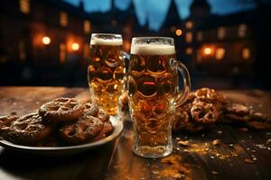 oktoberfest Bière des tasses et bretzels sur une en bois table à confortable restaurant Contexte dans le nuit. photo