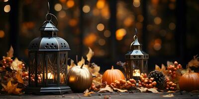 de fête l'automne lanterne décoration avec citrouilles, fleurs et tomber feuilles. action de grâces journée ou Halloween bannière concept. photo