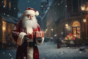 content Père Noël claus en plein air dans chute de neige avec Noël cadeau boîte dans le mains. photo