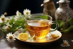 tasse de aromatique camomille thé avec Frais fleurs et citron tranches sur le tableau. biologique et naturel, à base de plantes chaud en bonne santé boisson. photo