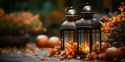 de fête l'automne lanterne décoration avec citrouilles, fleurs et tomber feuilles. action de grâces journée ou Halloween bannière concept. photo