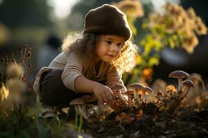 content enfant cueillette champignons dans le l'automne forêt. cueillette saison et loisir personnes, tomber concept. photo