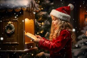 une peu fille envoyer une lettre à Père Noël claus dans le Noël boites aux lettres. hiver tradition entouré par flocons de neige. photo