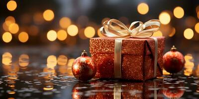 rouge cadeau boîte avec Noël ornements décoration sur flou embrasé lumières Contexte. de fête bannière stylé composition. photo