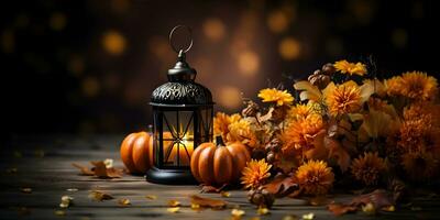 de fête l'automne lanterne décoration avec citrouilles, fleurs et tomber feuilles. action de grâces journée ou Halloween bannière concept. photo