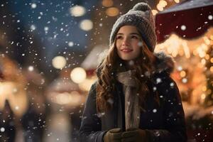 Jeune femme sur Noël marché avec neigeux temps, jouit hiver vacances temps. photo
