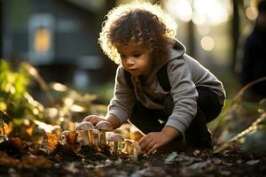 content enfant cueillette champignons dans le l'automne forêt. cueillette saison et loisir personnes, tomber concept. photo