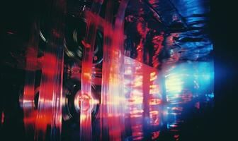 flou futuriste pièce avec rouge et bleu lumières. établi par ai photo