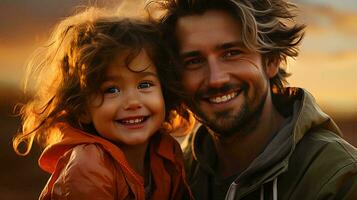 père et peu fille étreinte et sourire à le caméra. bien père concept photo