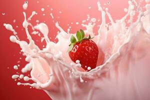 des fraises tomber dans une laiteux rose éclaboussure sur une rose Contexte. image de fraise yaourt, Milk-shake ou smoothie. photo