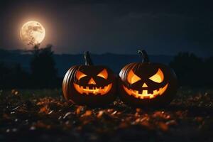 sculpté citrouilles pour Halloween souriant sur sol en dessous de gros clair de lune. gros lune sur Contexte. chauves-souris sur le ciel. ai généré photo