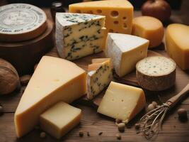 divers les types de fromage sur rustique en bois table ai généré photo