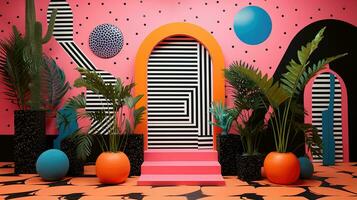 génératif ai, memphis postmoderne style intérieur avec beaucoup végétaux, vibrant couleurs pièce photo