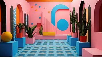 génératif ai, memphis postmoderne style intérieur avec beaucoup végétaux, vibrant couleurs pièce photo