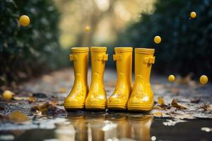 deux paires de caoutchouc bottes sont permanent dans une flaque. ai généré photo