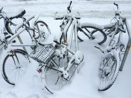 beaucoup Vélos couvert par neige, Genève, Suisse photo