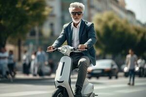 un vieilli moderne homme dans une affaires costume monte une scooter. généré par ai photo