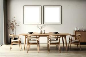 le intérieur de une moderne vivant pièce avec une table et cadres sur le mur. généré par ai photo